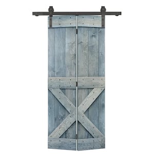 28 in. x 84 in. Mini X Series Solid Core Denim Blue Stained DIY Wood Bi-Fold Barn Door with Sliding Hardware Kit