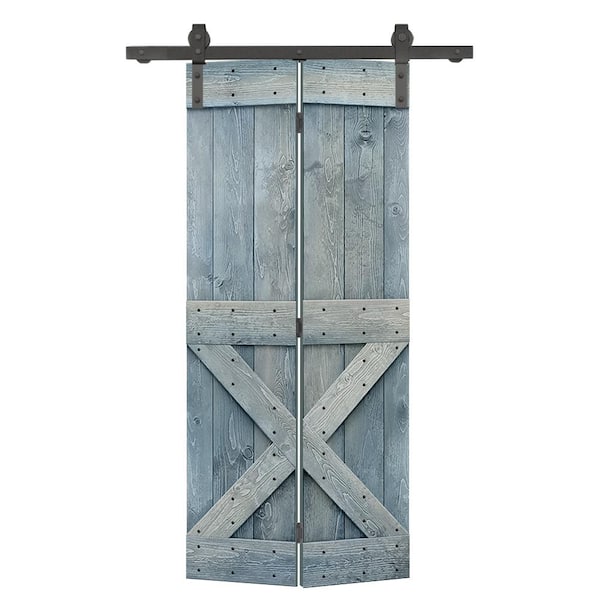 CALHOME 38 in. x 84 in. Mini X Series Solid Core Denim Blue Stained DIY Wood Bi-Fold Barn Door with Sliding Hardware Kit