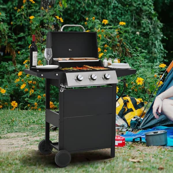 26000 BTU, 3-Burner Portable Propane Gas Grill with 2-Shelves, Lid, Wheels and Bottle Opener in Stainless Steel