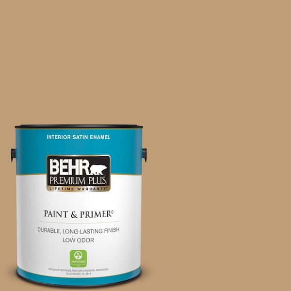 BEHR PREMIUM PLUS 1 gal. #300F-4 Almond Toast Satin Enamel Low Odor Interior Paint & Primer