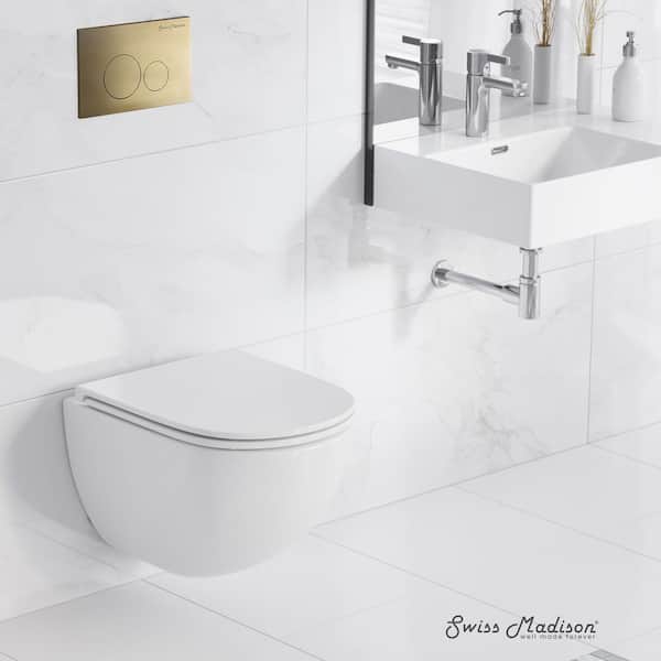 St. Tropez Wall-Hung Toilet, Round, 3-Piece Bundle 0.8/1.6 GPF Dual Flush in Glossy White with Brass Flush Plate