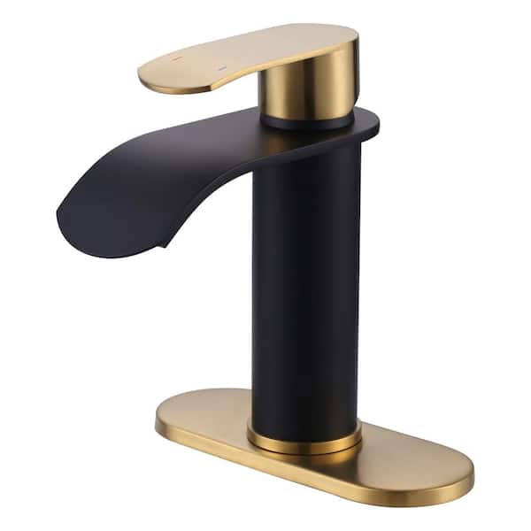 WOWOW Waterfall Single Handle Single Hole Bathroom Faucet with Deckplate and Pop Up Drain in Black and Gold