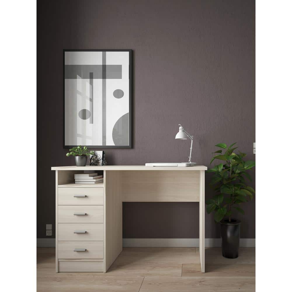 Scandinavian Light Woodgrain Desk with Four Drawers and Open Shelf
