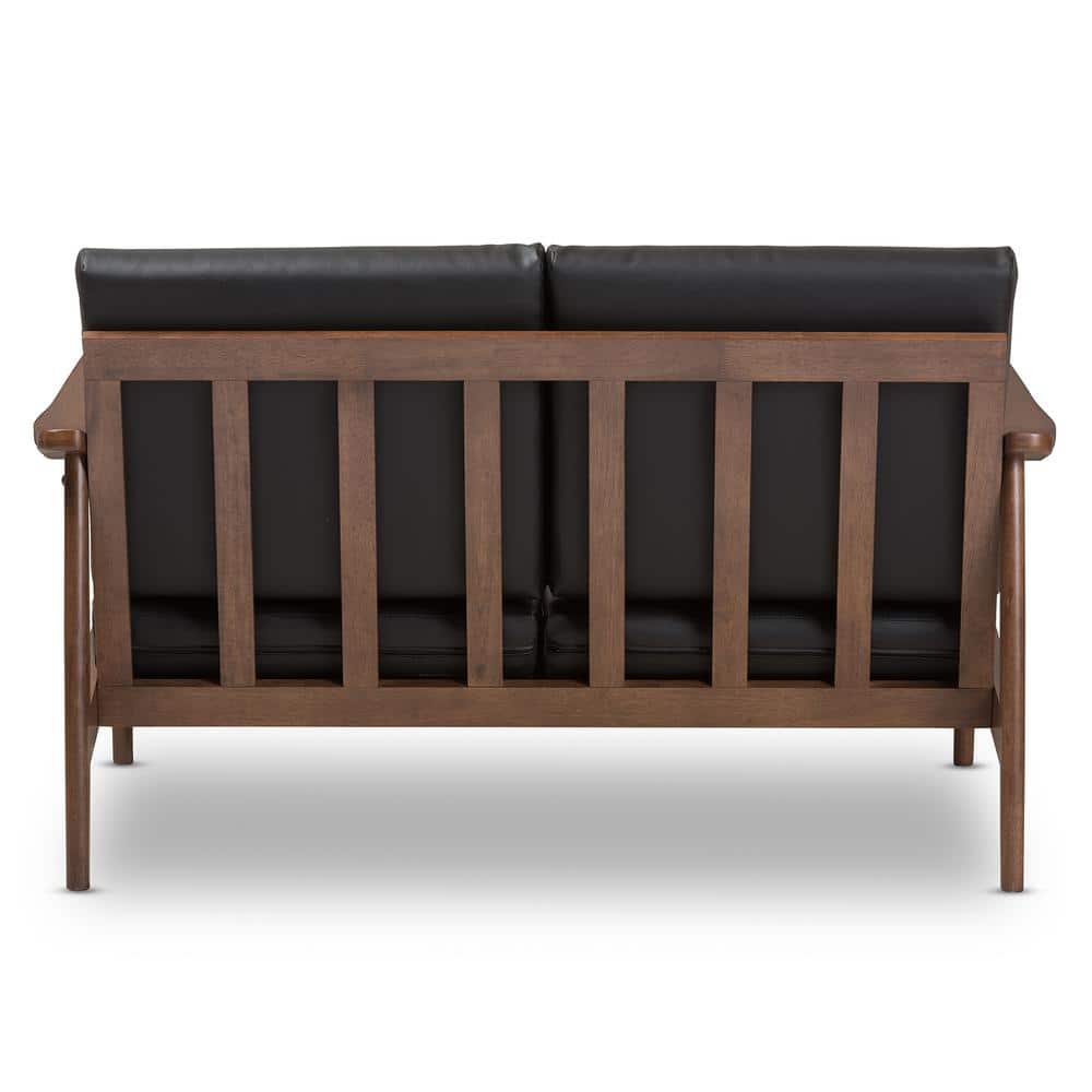 Mid-Century Modern Walnut Wood Black Faux Leather Loveseat