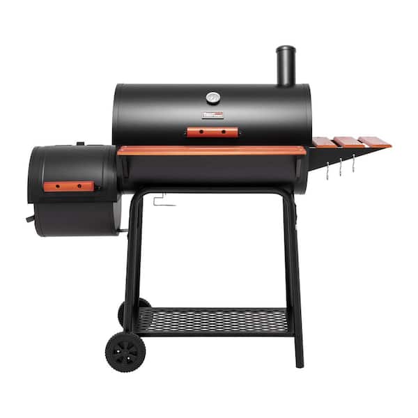 Royal Gourmet Barrel Charcoal Grill in Black with Offset Smoker, 811 sq. in. Cooking Space, Wood-Painted Side Table