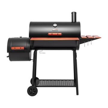 Barrel Charcoal Grill in Black with Offset Smoker, 811 sq. in. Cooking Space, Wood-Painted Side Table
