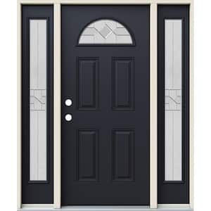 60 in. x 80 in. Right-Hand Fan Lite Decorative Glass Caldwell Black Fiberglass Prehung Front Door W/Sidelites