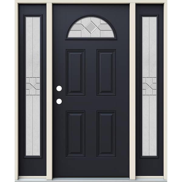 JELD-WEN 60 in. x 80 in. Right-Hand Fan Lite Decorative Glass Caldwell Black Fiberglass Prehung Front Door W/Sidelites