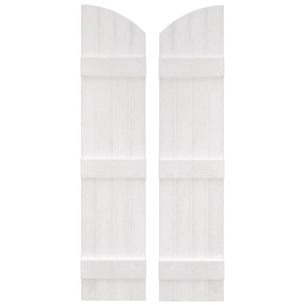 Builders Edge 14 in. W x 85 in. H Vinyl Exterior Arch Top Joined Board and Batten Shutters Pair in White