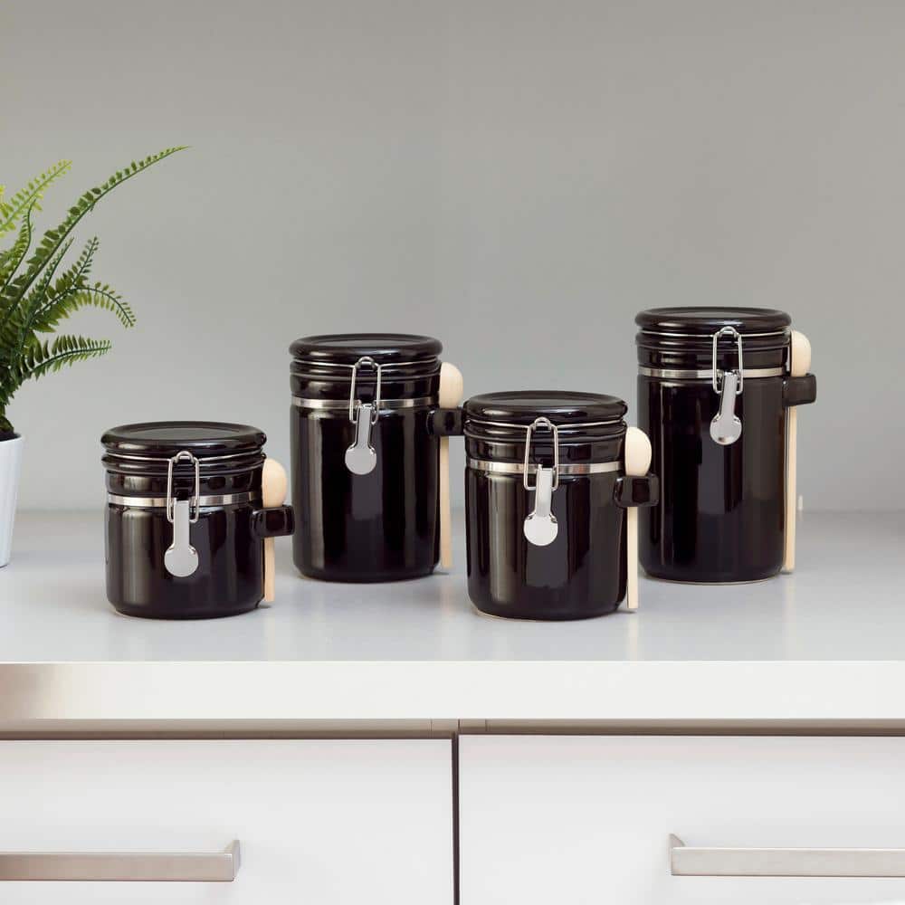 4 Piece Black Ceramic Canister Set With Wooden Spoons Hdc59633
