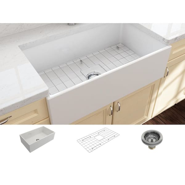 Contempo Farmhouse Apron Front Fireclay 33 in. Single Bowl Kitchen Sink with Bottom Grid and Strainer in White