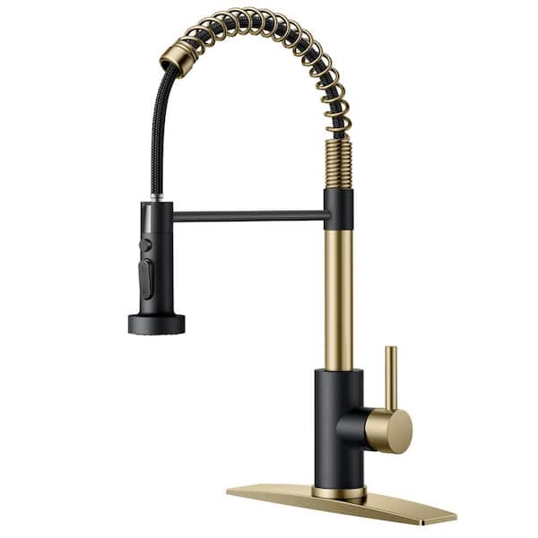 FORIOUS Single Spring Handle Kitchen Faucet with Pull Down Function Sprayer Kitchen Sink Faucet with Deck Plate in Black Gold