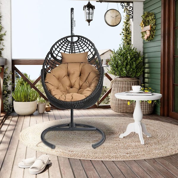 TWT Brown Egg-Shaped Metal Outdoor Freestanding Porch Swings Hanging with Cushion and Headrest