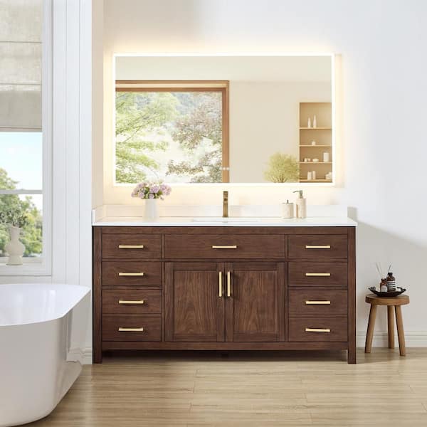 Beckett 66 in. Single Freestanding Dark Walnut Bath Vanity with White Cultured Marble Top