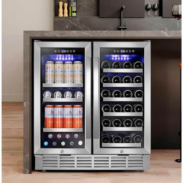 30.31 in. Dual Zone 33-Wine Bottles and 80-Cans Beverage, Wine Cooler in Silver Shutter Shape Front Heat Vent Blue LEDs
