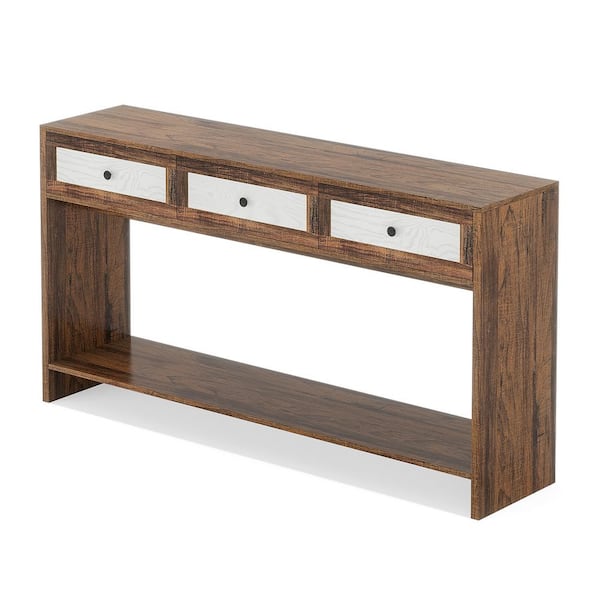 BYBLIGHT Turrella 59 in. W Rustic Brown & White Rectangle Wood Console Table with 3 Drawers and Open Shelf for Living Room