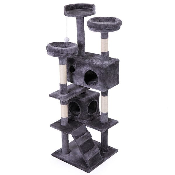 cenadinz Cat Tree Cat Tower with Scratching Ball, Plush Cushion, Ladder and Condos for Indoor Cats, Gray