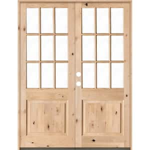 72 in. x 96 in. Craftsman Knotty Alder 9-Lite Clear Glass Unfinished Wood Right Active Inswing Double Prehung Front Door