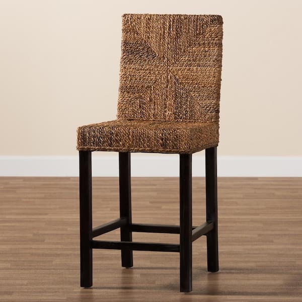 Laymi 18.1 in. Natural Rattan and Dark Brown Mahogany Wood Counter Stool
