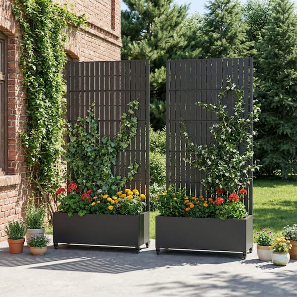72 in. H x 35 in. W x 16 in. L Metal Black Rectangle Pots and Planter Raised Box with Trellis (Set of 2)