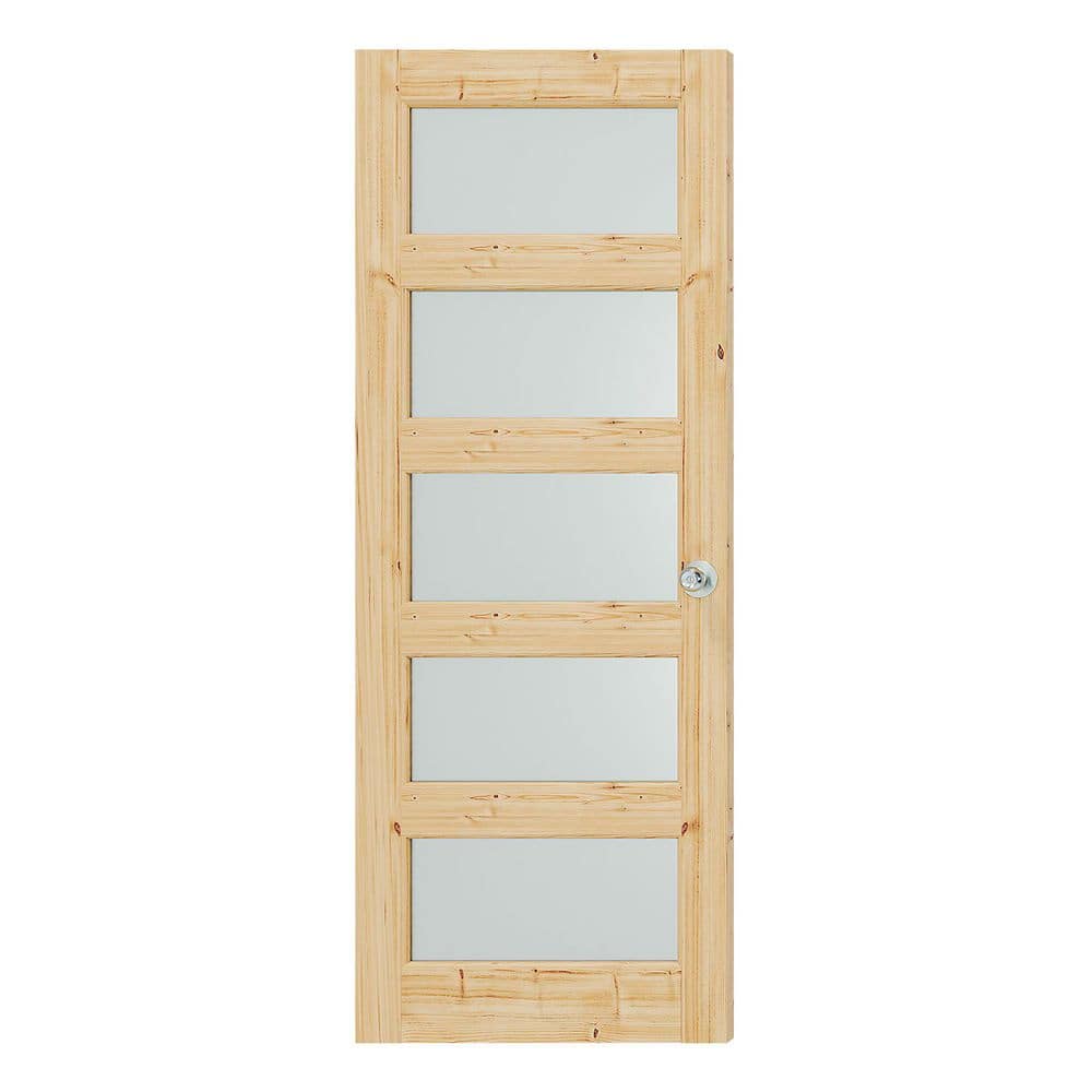 28 in. x 80 in. 5-Lite Frosted Glass, Solid Pine Wood, Assembly Required Interior Door Slab with Silver Sphere Doorknob price history on PriceWatchPro