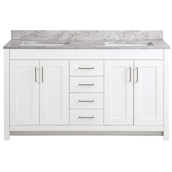 Home Decorators Collection Westcourt 61 in. W x 22 in. D Bath Vanity in White with Stone Effect Vanity Top in Winter Mist with White Sink