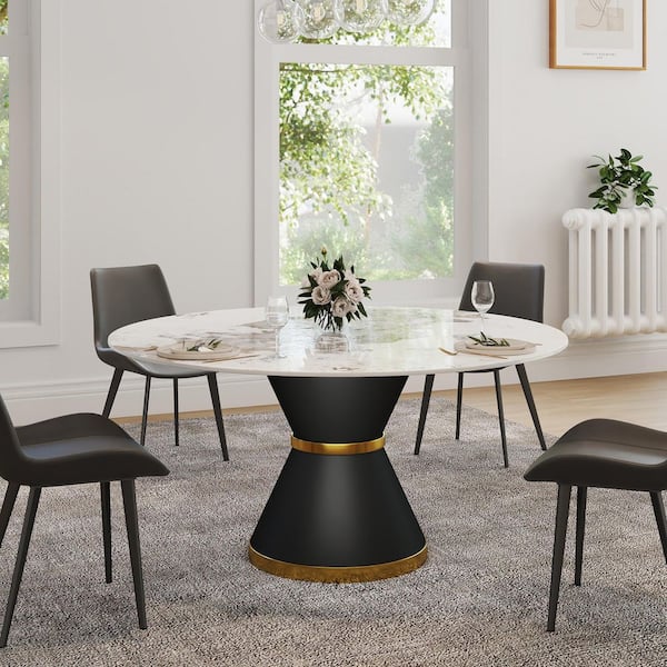 59 in. Pandora Sintered Stone Round Top Pedestal Black Metal Base Dining Table (Seats 8)