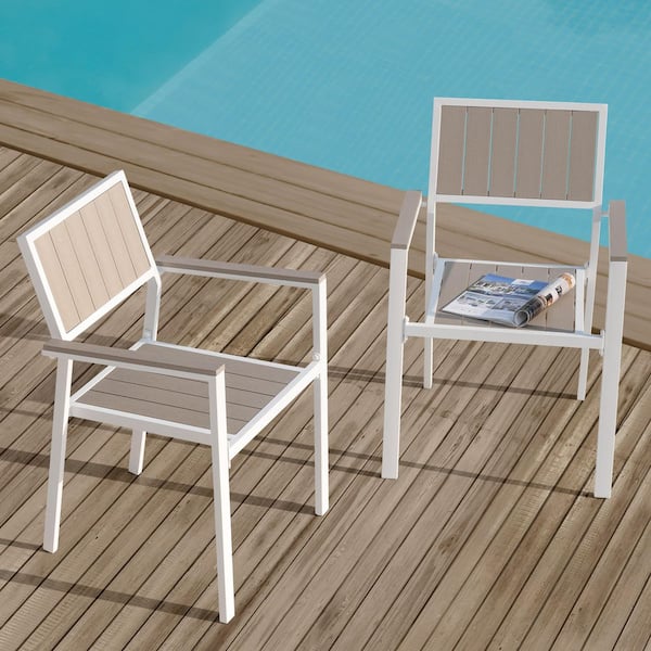 Nuu Garden Light Brown Faux Wood and Metal Outdoor Dining Chairs with Stackable Design (2-Pack)