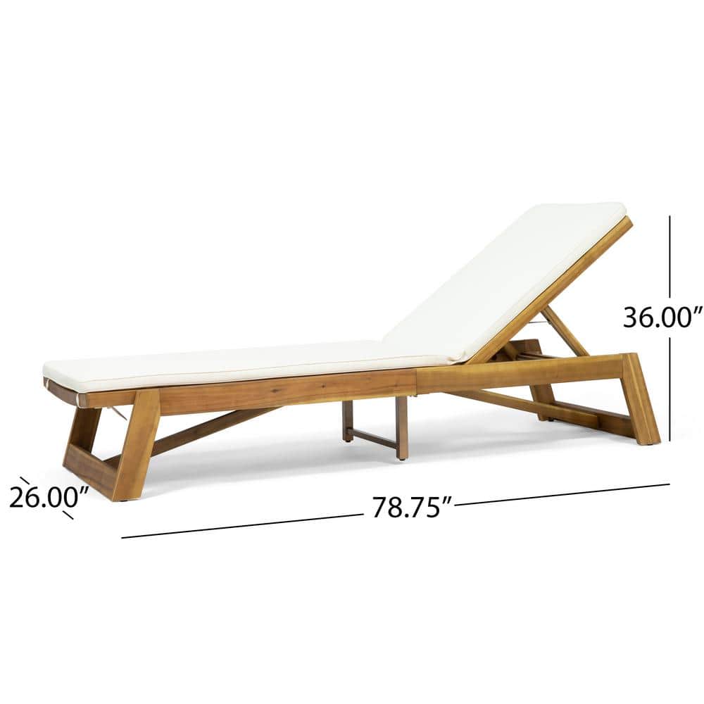 Teak Brown Acacia Wood Chaise Lounger with Cream Cushions