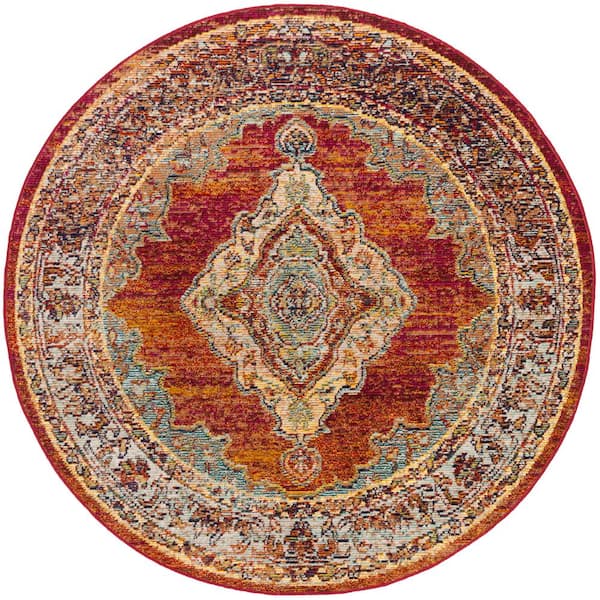 SAFAVIEH Crystal Orange/Light Blue 5 ft. x 5 ft. Round Border Area Rug