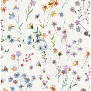 Heidi Peach Multi-Colored Watercolor Florals Matte Non-Pasted Non-Woven Wallpaper Sample