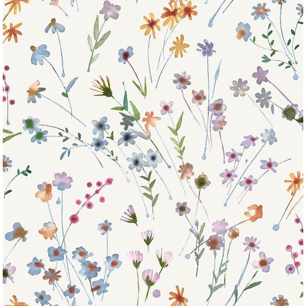 Heidi Peach Multi-Colored Watercolor Florals Matte Non-Pasted Non-Woven Wallpaper Sample