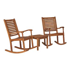 Brown 3-Piece Acacia Wood Traditional Rocking Chair Outdoor Chat Set with Slatted Square Side Table