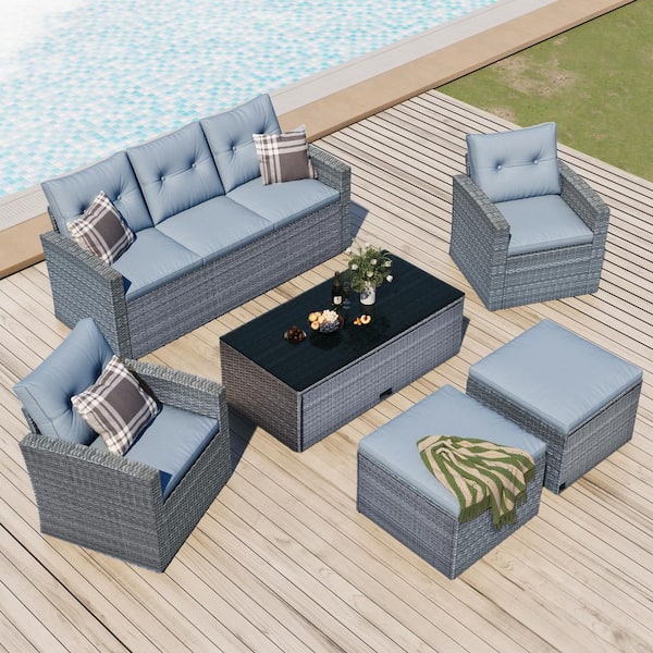 Huluwat Gray Frame 6-Piece Wicker Patio Conversation Seating Set with Removable Gray Cushions, Table, Wicker Sofas, Ottomans