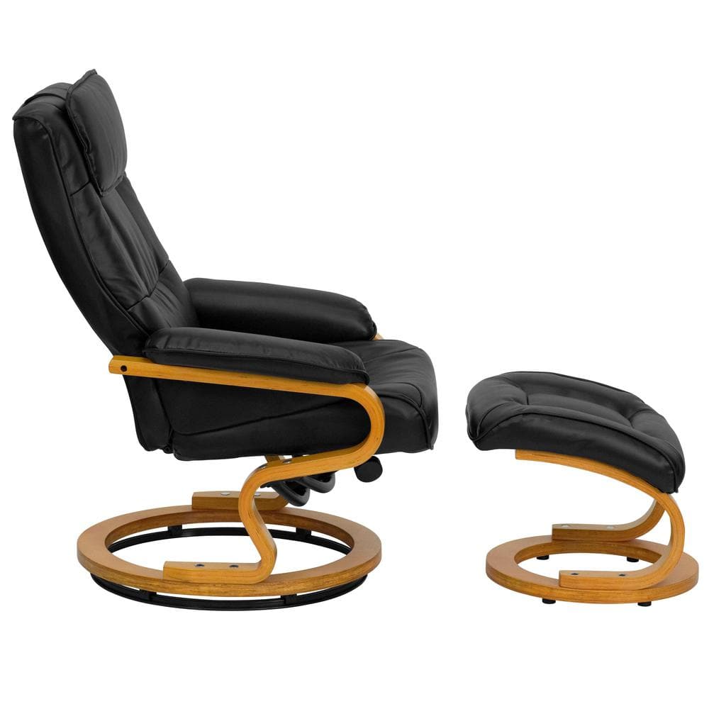 Swivel Black Leather Recliner with Ottoman and Maple Wood Base