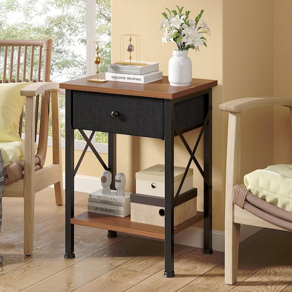 Rustic Nightstand with Drawer, Compact Bedside Table with Storage Shelf for Bedroom, Industrial End Table Brown Style 1