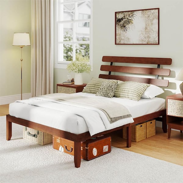 Brown Wood Frame Queen Size Platform Bed with Retro Headboard &Under-Bed Storage Space