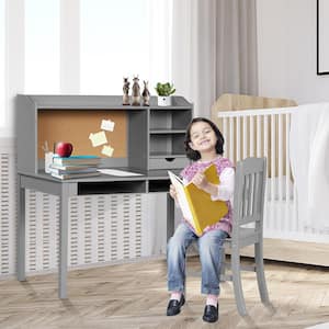 2-Pieces Kids Desk and Chair Set Rectangular Wood Top Gray Study Writing Desk with Hutch, Bookshelves