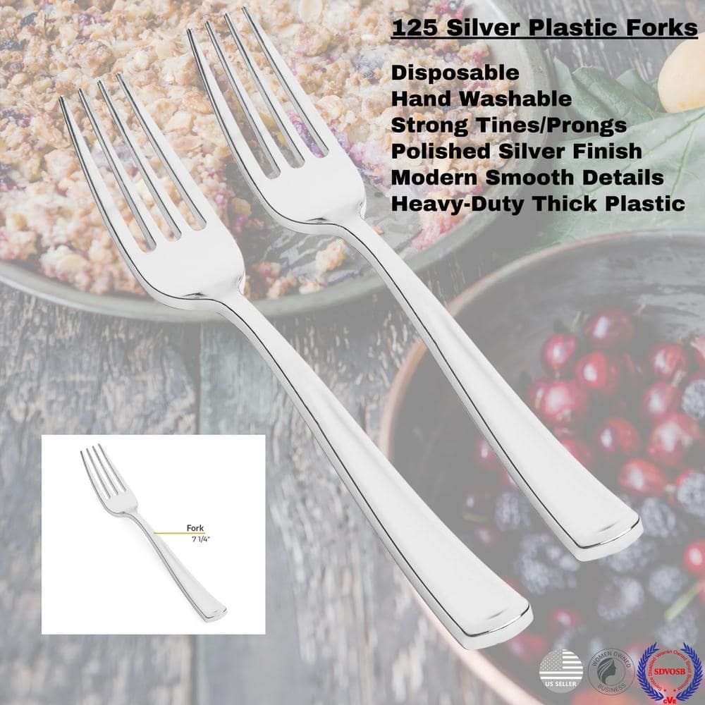 Perfect Settings Tableware 125 Pack Silver Plastic Disposable Fork Set- Polished Chrome Plastic Silverware Heavy Duty Elegant Designed Forks (Set of 125)