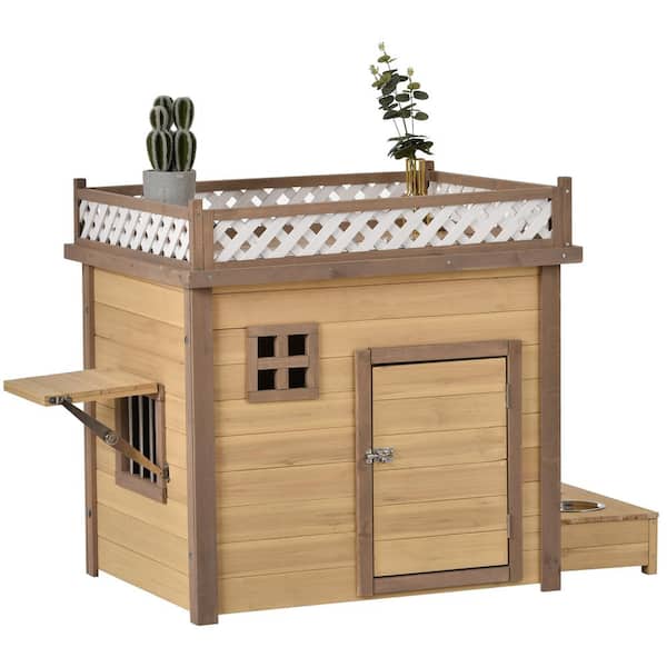 Runesay 31.5 ft. Wooden Dog House Puppy Shelter Kennel Outdoor Indoor Dog Crate with Flower Stand Plant Stand with Wood Feeder
