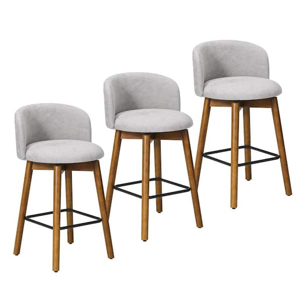 Stansberry 26 in. Chenille Upholstered Low Back Wood Kitchen Counter Stool w/ Swivel (Set of 3), Light Gray