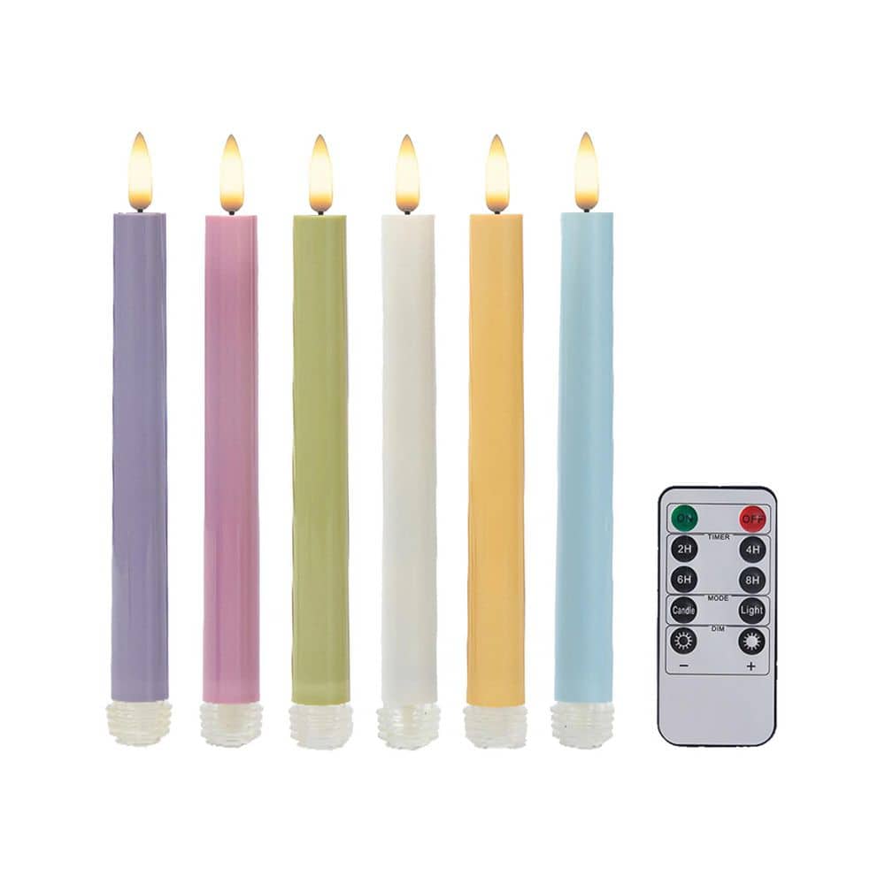 LUMABASE Battery-Operated 3D Wick Flame Taper Candles with Remote Control, Pastel-Set of 6