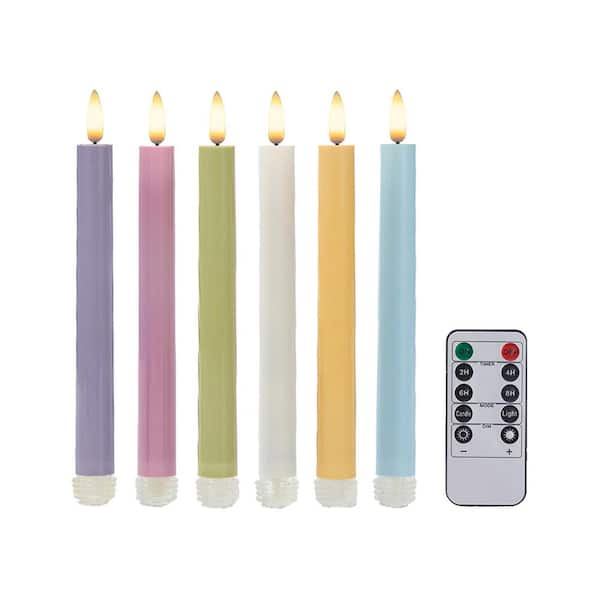 Battery-Operated 3D Wick Flame Taper Candles with Remote Control, Pastel-Set of 6