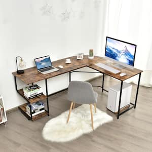 69 in. L-Shaped Rustic Brown Wood Computer Desk with Shelves