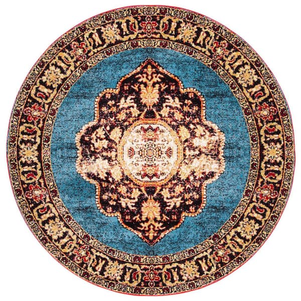 SAFAVIEH Vintage Hamadan Gold/Light Blue Doormat 3 ft. x 3 ft. Border Medallion Round Area Rug