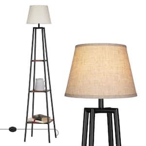 65 in. Black 1-Light Farmhouse Column Floor Lamp for Living Room with Beige Linen Empire Shade and Shelf