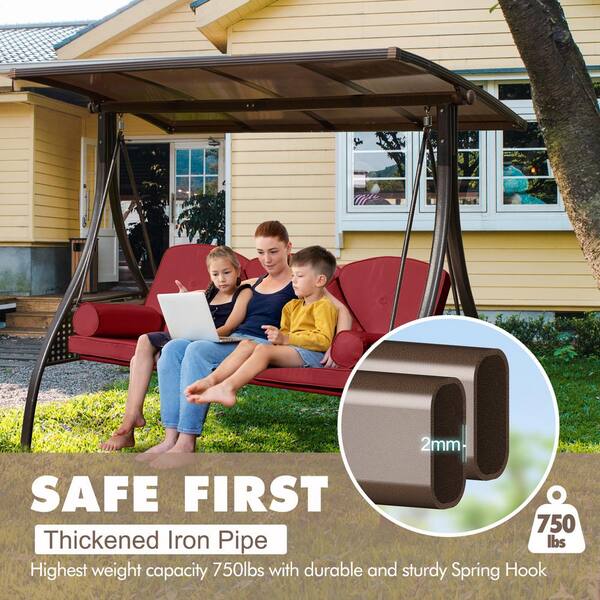 LuckByte 3-Seat Black Steel Patio Freestanding Porch Swing Bench