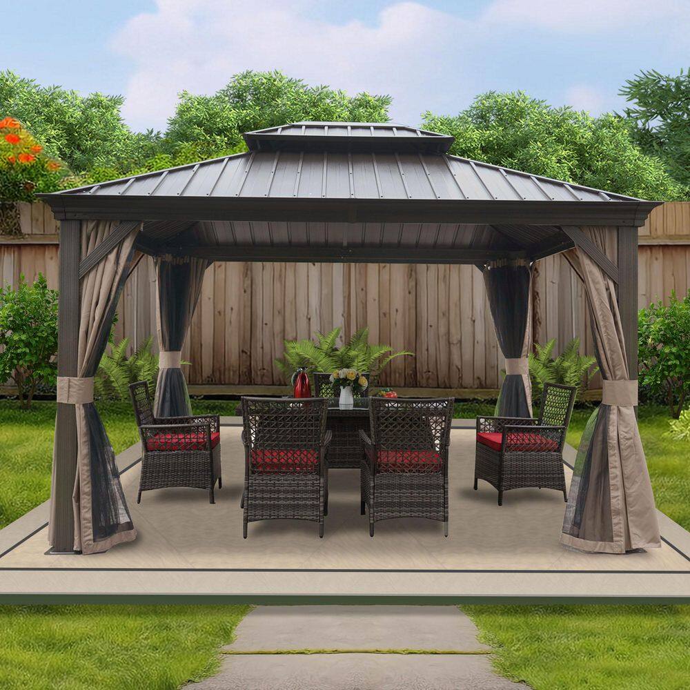 Alexander 12 ft. x 12 ft. Dark Brown Aluminum Hardtop Gazebo w/ Galvanized Steel Roof, Mosquito Net and Privacy Sidewall price history on PriceWatchPro