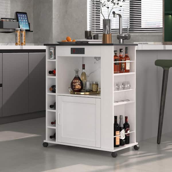 VECELO Rolling Kitchen Island Cart with Storage, Microwave Stand Wine Rack Power Outlet for Kitchen and Dining Room, White Cart