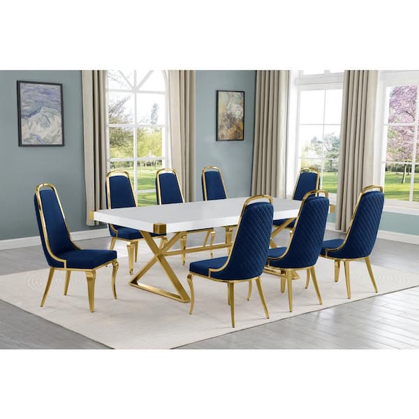 Best Quality Furniture Miguel 9-Piece Rectangle White Wood Top Gold Stainless Steel Dining Set with 8 Navy Blue Chairs